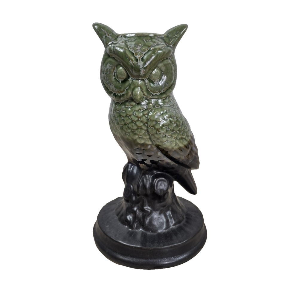 Ceramic Wise Owl Taper Candle Holder Glazed Green Brown Portugal